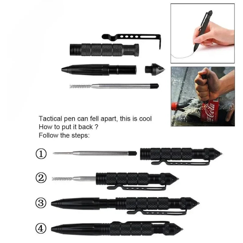 Multifunction Tactical Pen Self Defense Emergency Survival Tool Glass Breaker Tungsten Steel Writing Pen Outdoor Rescue Escape